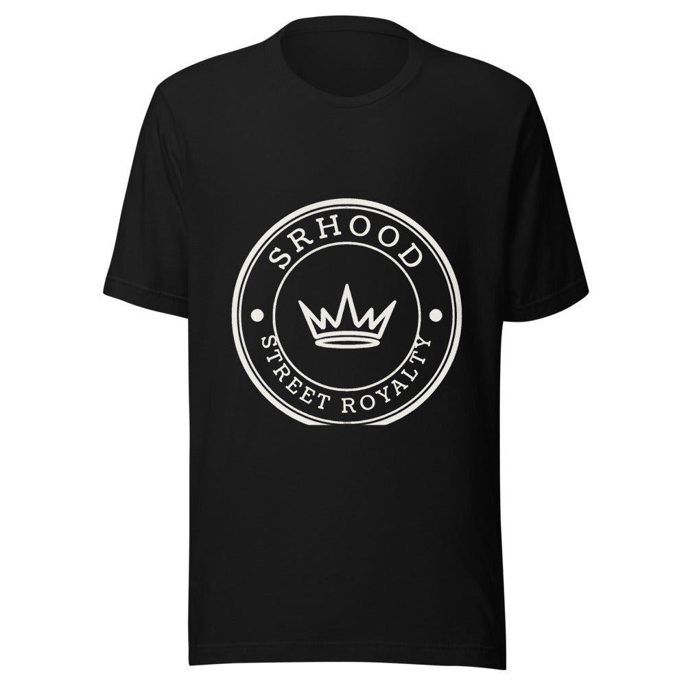 Camiseta negra Street Royalty Hood con sello circular en blanco roto, vista frontal