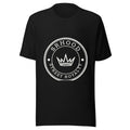 Camiseta negra Street Royalty Hood con sello circular en blanco roto, vista frontal