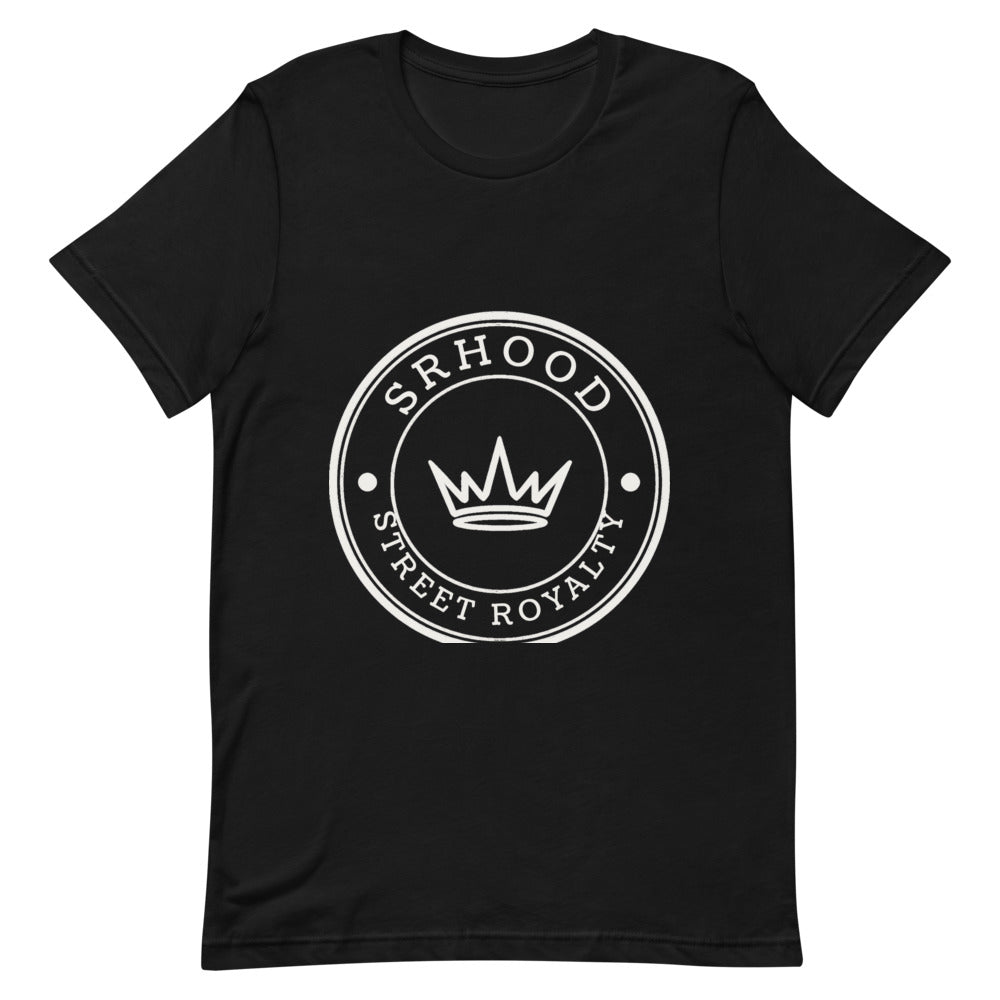Camiseta negra Street Royalty Hood con sello circular en blanco roto, vista frontal plana