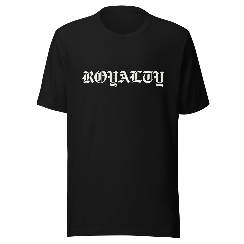 Camiseta negra Street Royalty Hood con lettering blackletter ROYALTY en blanco roto, vista frontal