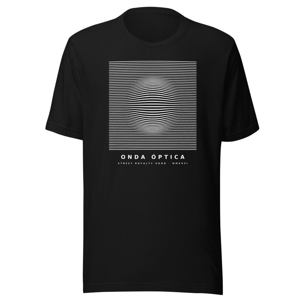 Camiseta negra con diseño op-art Onda Óptica de SRHOOD, vista frontal