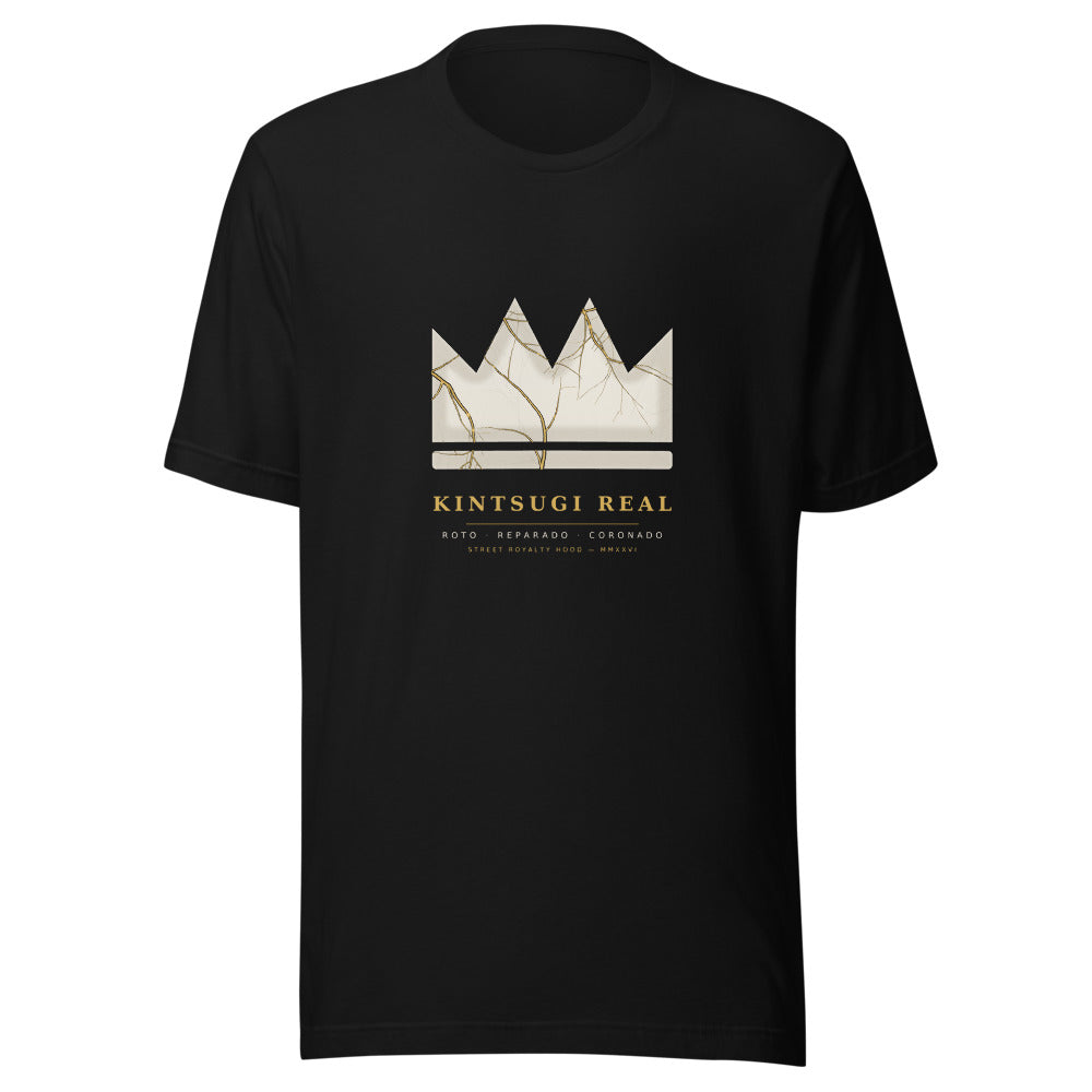 Camiseta negra con corona de porcelana kintsugi reparada en oro y lockup Kintsugi Real