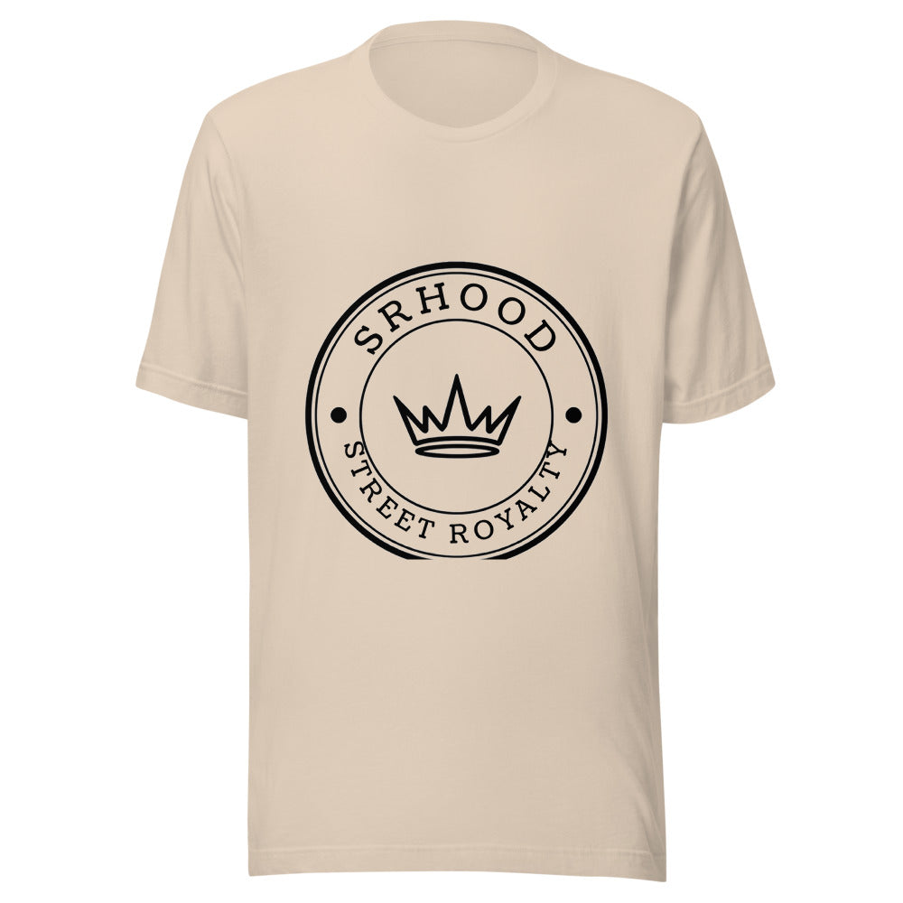 Camiseta crema Street Royalty Hood con sello circular en tinta negra, vista frontal