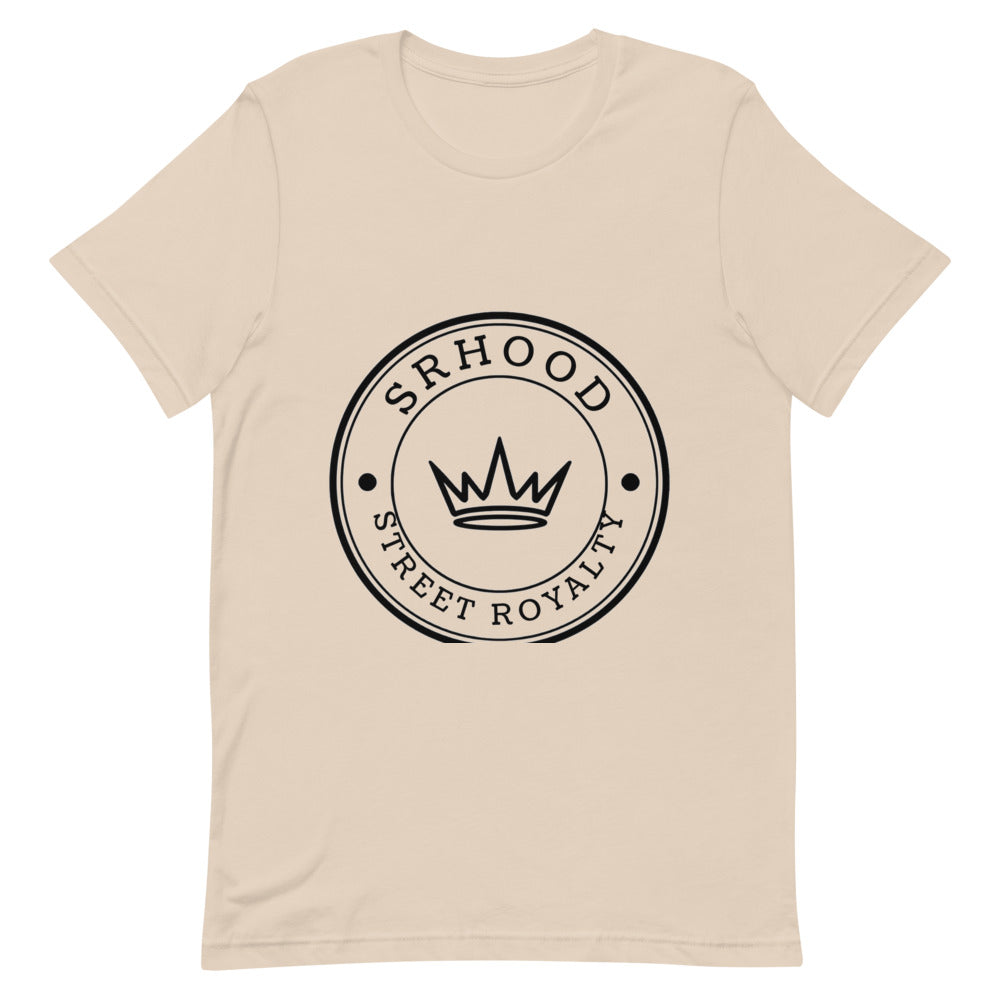 Camiseta crema Street Royalty Hood con sello circular en tinta negra, vista frontal plana
