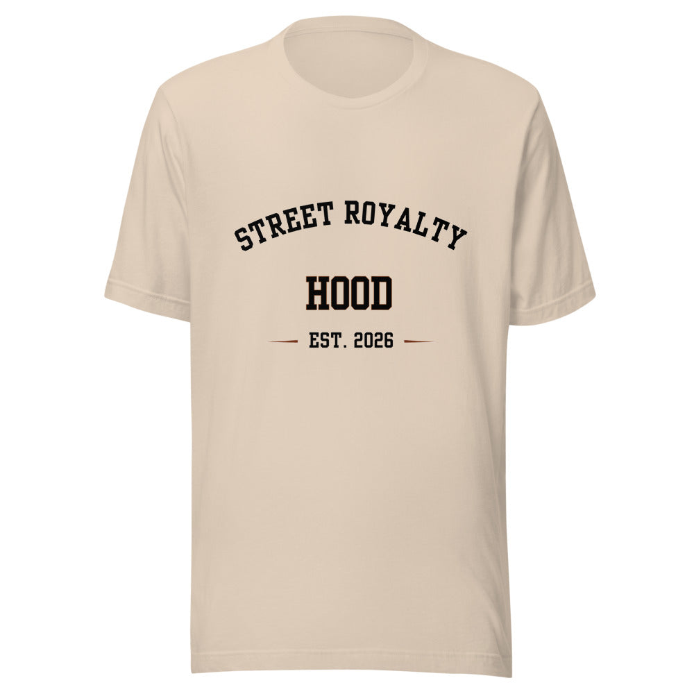 Camiseta crema Street Royalty Hood con arco college en tinta negra, vista frontal