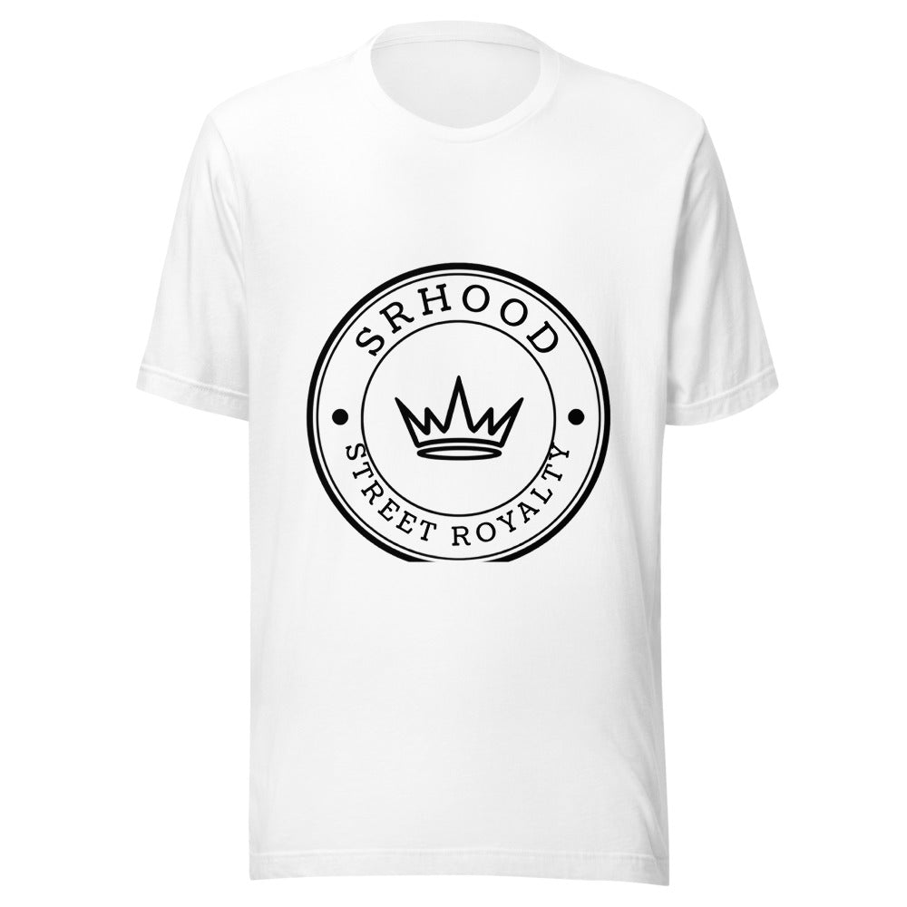 Camiseta blanca Street Royalty Hood con sello circular en tinta negra, vista frontal