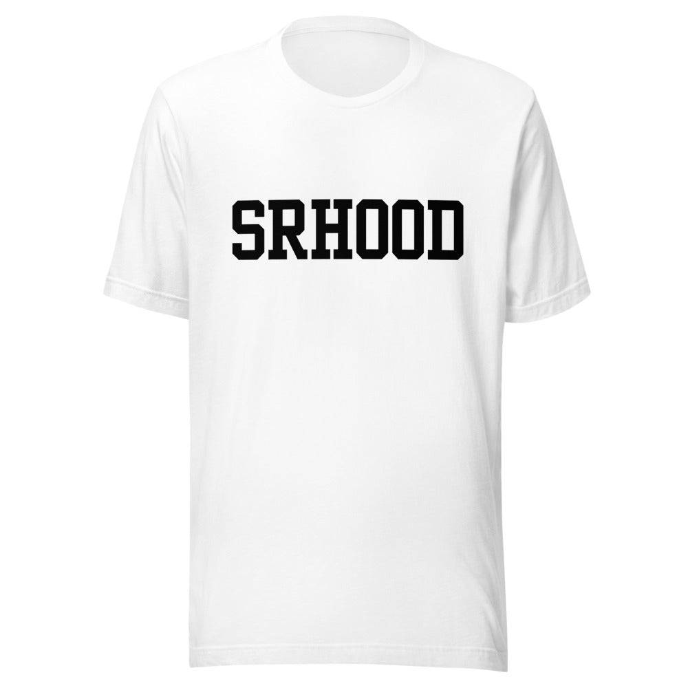 Camiseta blanca Street Royalty Hood con wordmark en tinta negra, vista frontal