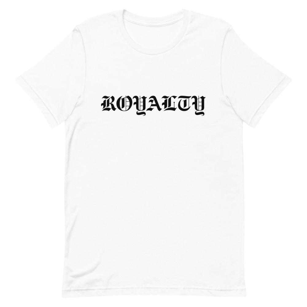 Camiseta blanca Street Royalty Hood con lettering blackletter ROYALTY en tinta negra, vista frontal plana