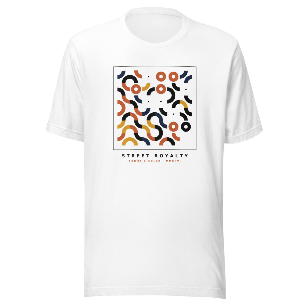 Camiseta Serpentina Modular blanca — panel Bauhaus de serpentinas, vista frontal