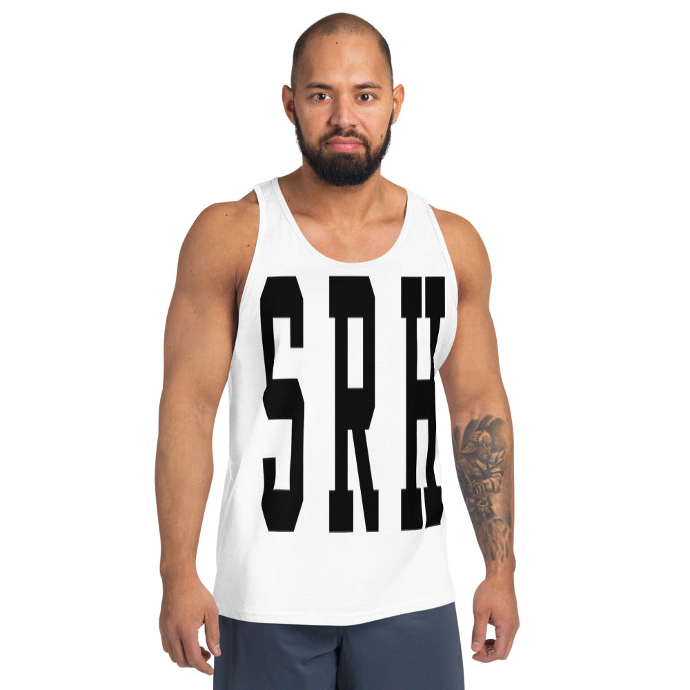 Camiseta de Tirantes SRH Varsity — Blanco y Gris Atlético — modelo con tatuajes