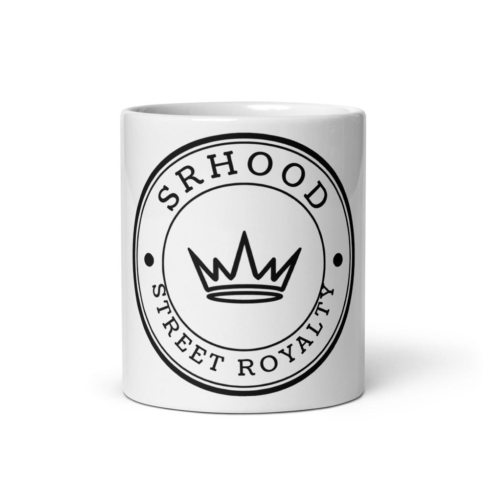 Taza blanca Street Royalty sello circular SRH, vista frontal